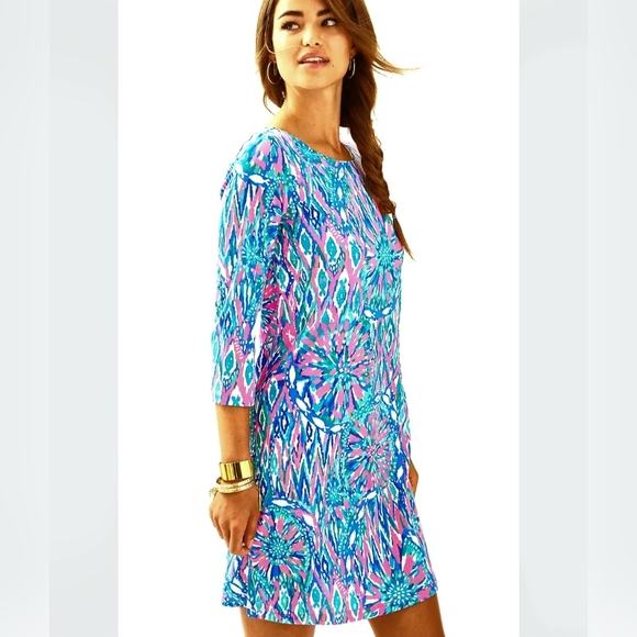 Lilly Pulitzer Knit Bay Dress Tiki Pink Shake It Up Print Size Small Blue Pink - Picture 1 of 10